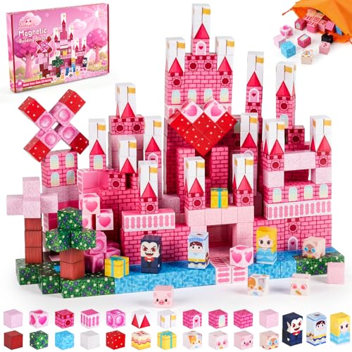 3 otters Magnetic Blocks 150PCS, Princess Castle Magnet Cubes STEM Montessori Building Toys for Girls, Sensory Gifts for Kids Birthday Christmas