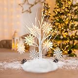 Thyle 2 ft Lighted Snowflake Tree Birch Tree with White Snowflake Ornaments and Artificial Snow with 24 LED Lights USB Lamp for Table Centerpiece Desk Home Decor Indoor Outdoor