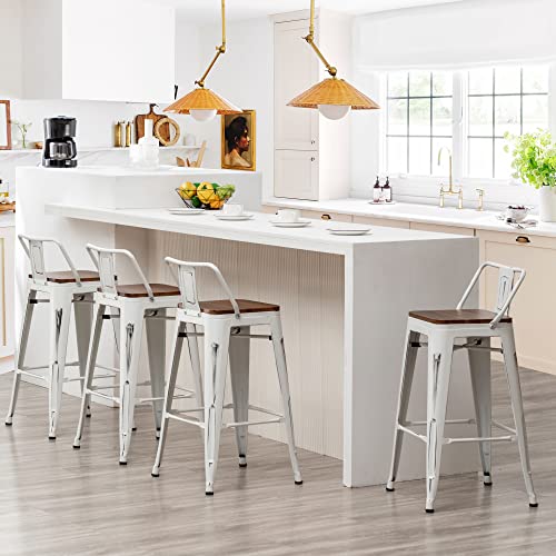 Andeworld Set of 4 Industrial Metal Bar Stools with Wooden Seats (24 Inch, Distressed White)
