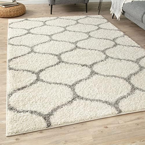 THE RUGS Shaggy Rug  Modern Moroccan Design Rugs for Living Room, Bedroom, Hallway, 3 cm Thick Area Rugs, (Moroccan Grey/Ivory, 140x200cm)