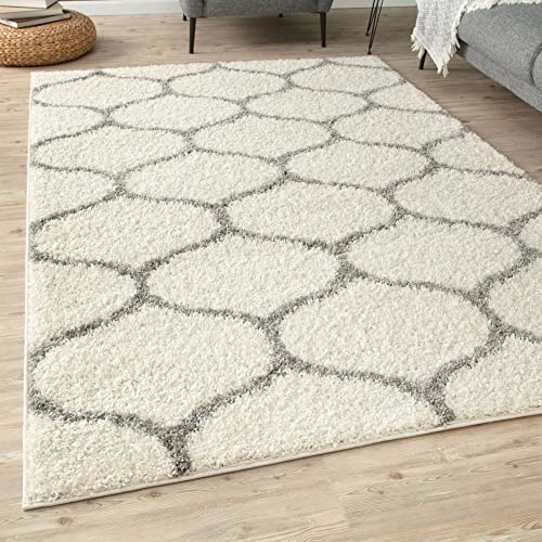 THE RUGS Shaggy Rug, Modern Moroccan Design Rugs for Living Room Bedroom, Hallway, 3 cm Thick Area Rugs, (Trellis Ivory/Grey