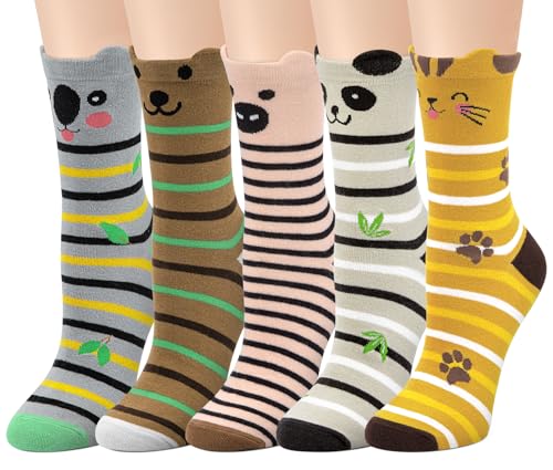 Chalier Cozy 5 Paar Damen Socken Hunde Tiere Socken Lustige Baumwolle Crew Socken Geschenk Einheitsgröße(Gestreifter Panda)