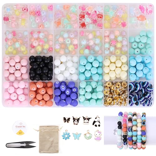 Image of Ambitieux DIY Bracelet Making Kit 575+ Beads Jewelry Set With Glass,Double,Charms Pendants Accessories,Evil Eye,Elastic Thread,Cutter & Jute Bag Craft Kit For Girls,Kids & Adults (Matt),Multicolor