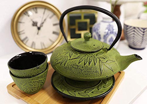 Ebros Gift Japanese Symbol Of Prosperity Evergreen Bamboo Forest Heavy Duty Cast Iron Tea Pot Set With Base Trivet and Cups Set Serves 2 Home And Kitchen Decor Accent Housewarming Gift Yellow