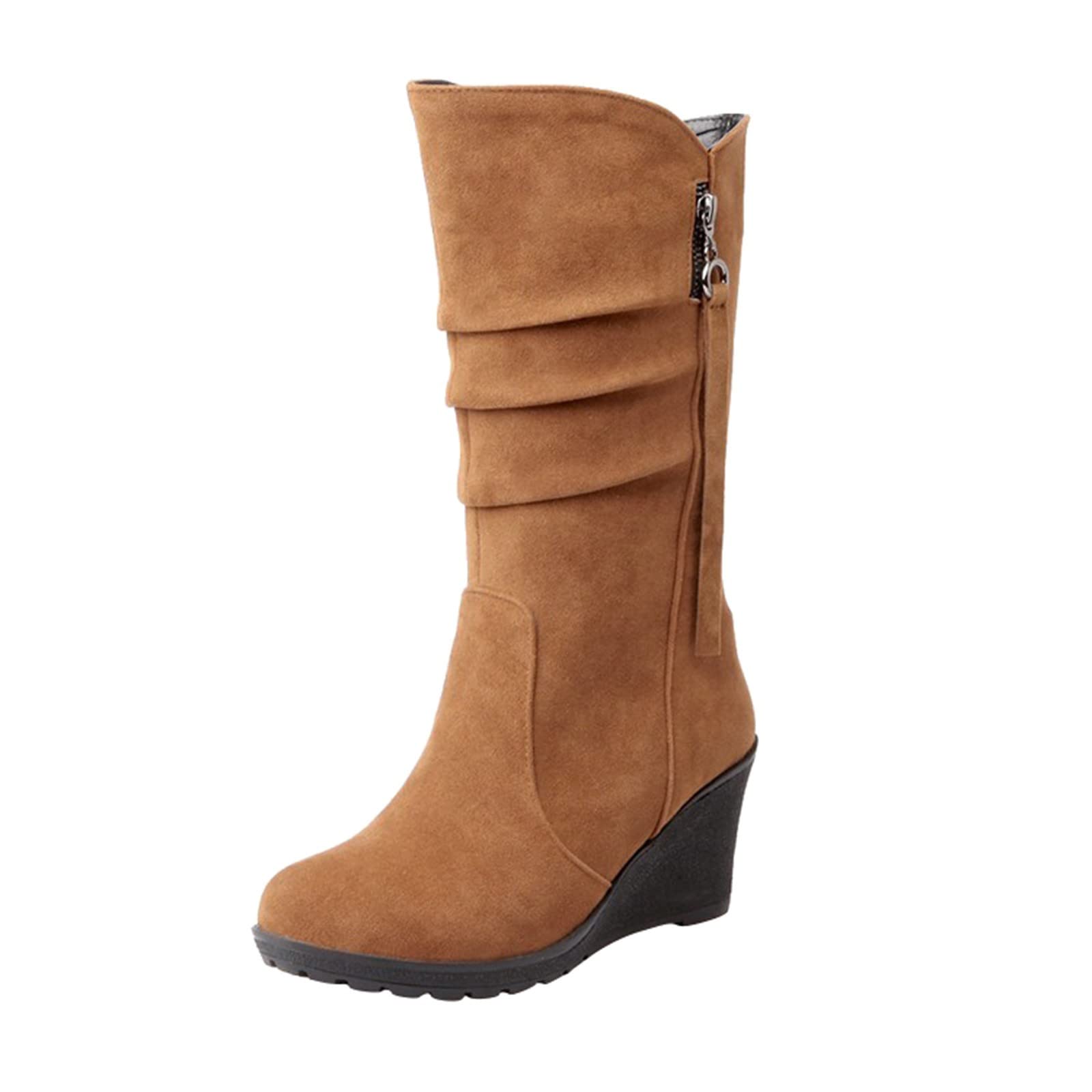 ZSpzx Women Suede Mid Calf Boots Slouchy Ruched Wide Calf Wedge Heels Casual Booties Vintage Chunky Block Heels