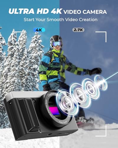 4Kデジタルカメラ 写真撮影用 64MP オートフォーカス Vlogカメラ YouTube用 3インチ 180°フリップスクリーンビデオカメラ、16倍デジタルズーム コンパクトポイント&シュートカメラ 手ブレ防止ビンテージカメラ 64GBカード付き