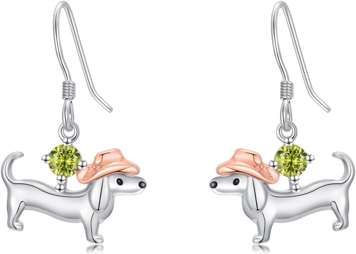 Dorunmo Dachshund Birthstone Earrings 925 Sterling Silver Dachshund Dog Dangle Earrings Birthstone Jewelry Gifts for Women Weiner Dog Lovers Birthday