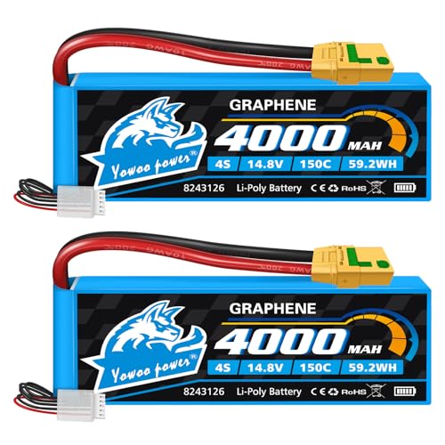 Yowoo 4S Lipo Battery 4000mAh 14.8V 150C Graphene Battery with Amass XT90S Anti-Spark Plug Compatible with 1/10 1/8 Scale RC Car Truck Vehicle Airplane Helicopter Boat Tank Models (2 Packs)