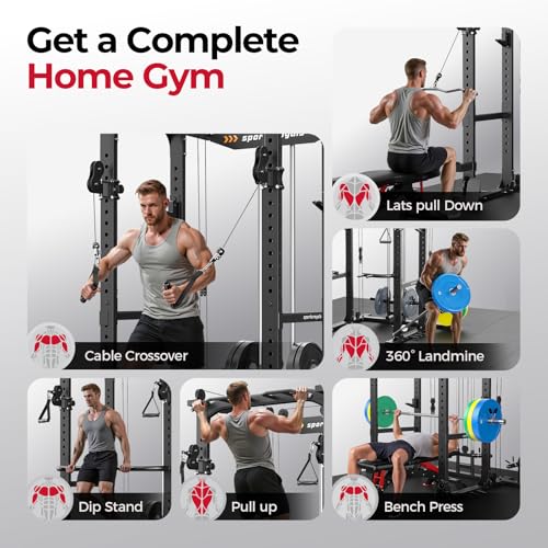 Image of Sportsroyals Power Cage, Multi-Functional Squat Rack, Power Rack with Pulley System & LAT Pull Down, Workout Cage with J Hooks for Home Gym