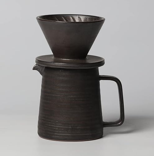 Miniatura 7 de Juego de cafetera de cerámica hecha a mano, gotero de cono de goteo manual y jarra de café para microondas, esmalte metálico retro, 16 onzas