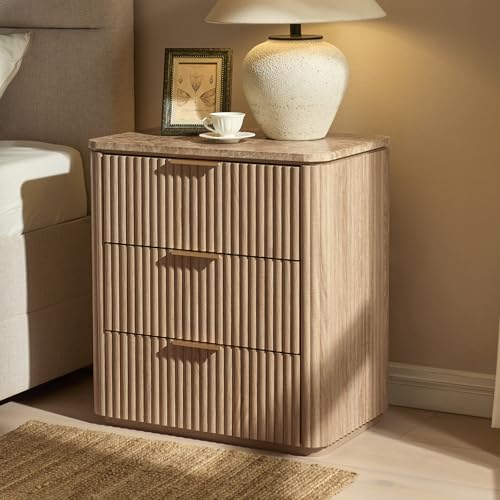 Image of Fluted Nightstand Set of 2, 23 inch W Night Stand with 3 Drawers, Wood Bed Side Table with Faux Marble-Top, Curved Corner, Metal Handle, Modern Bedside Table for Bedroom, Living Room, Office, Natural Oak