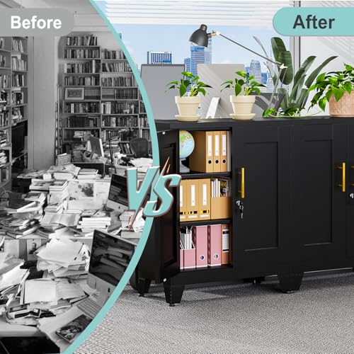Image of pozdeg Metal Storage Cabinet with 2 Doors, 35.8 inch H Steel Metal Locker Storage Cabinet with 2 Adjustable Shelves, Versatile Storage Buffet Sideboards for Home Office Garage or Gym (Black)