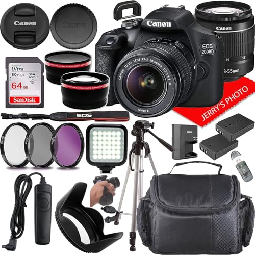 Canon EOS 2000D (Rebel T7) DSLR Camera w/Canon EF-S 18-55mm F/3.5-5.6 DC III Zoom Lens + Extra Battery + Case + 64GB Memory (22pc Bundle) (Renewed)
