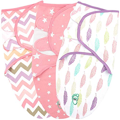 Baby Swaddle Blanket Wrap for Newborn & Infant, 0-3 Months 100% Breathable Cotton Swaddlers Sleep Sack with Adjustable Wings, 3 Pack Swaddling Blankets for Girls (Pink)