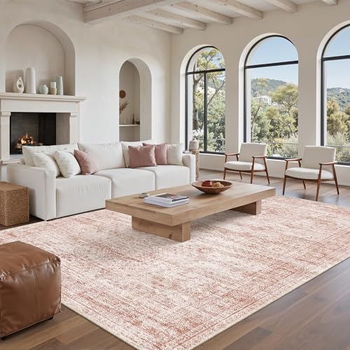 Washable Area Rug 8x10, Large Soft Rugs for Living Room Vintage Area Rugs for Bedroom Dining Room Non-Slip Stain Resistant Pink Rug Under Table Rug