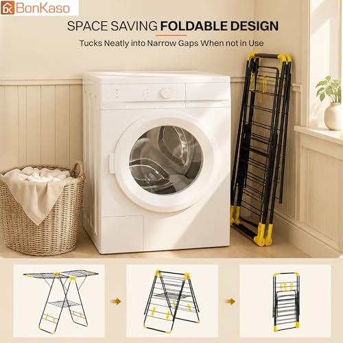 Image of BonKaso Premium Steel Foldable Cloth Dryer Stand | Heavy Duty Clothes Drying Rack with Arm Lock & Socks Holder | 147 x 60.5 x 105.5 cm | Black & Yellow