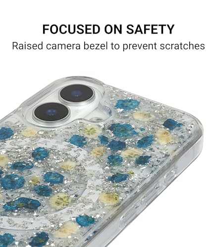 Image of Mag Flower Series Case for iPhone 16 Compatible with Wireless Charging | Real Dried Flower Embedded Design | Slim Transparent Shockproof Back Cover |Blue Edition