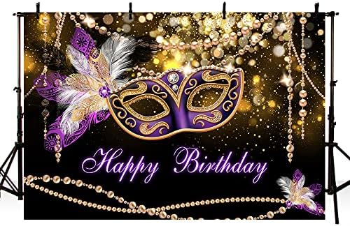 MEHOFOND Masquerade Happy Birthday Party Backdrop Purple Mask Glitter Background Adult Mardi Gras Dress-up Party Decoration Crystal Feather Decor Evening Party Photo Booth Props 10x7ft