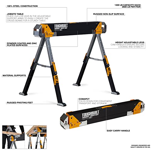 Toughbuilt - Folding Sawhorse - Sturdy, Durable, Lightweight, Heavy-Duty, 100% High Grade Steel - Adjustable Up To 4X4 Size Support Arms - 1300 Lb Capacity - (Tb-C700) - 2 Pack #TOP1