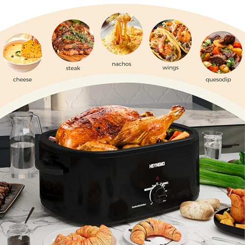 Image of Roaster Oven 28 Quart, Electric Roaster Pan with Visible & Self-Basting Lid, Large Stainless Steel Electric Turkey Roaster Oven Defrost Warm Function, Removable Pan Rack, Fits Turkeys Up to 30LB Black
