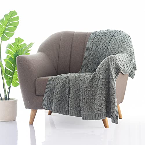Image of Pluchi Kelly Knit Cotton Knitted Textured All Season AC Throw Blanket for Sofa (Luxurious,125cm X 150cm, 49 x 59 Inches) (Medium Grey)