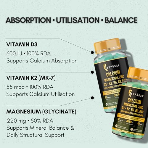 Image of Calcium and Vitamin D3 Tablets | 15 Actives: Calcium Magnesium Zinc with K2 MK-7 & Probiotics | Gentle on Stomach . High Absorption | Bone Health Supplement | 90 Veg Tablets (45 Days)