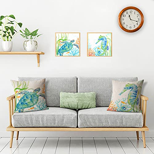 Outdoor Beach Throw Pillow Covers Blue Sea Turtle Seahorse Decorative Coastal Ocean Theme Decor Square Cushion Pillows Cover Set Of 2 Pillow Cases For Patio Couch Sofa Marine Animals 18X18 Inch #TOP4