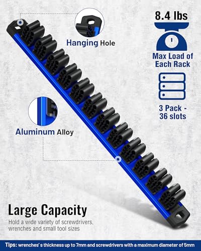 Image of WORKPRO Magnetic Screwdriver and Wrench Organizer Set, 36-Slot Tool Holders | 3-Pack Aluminum Rails, Magnetic Force, Flexible High-Tension Tool Clips, For Tool Box Drawer & Wall-Mount Storage