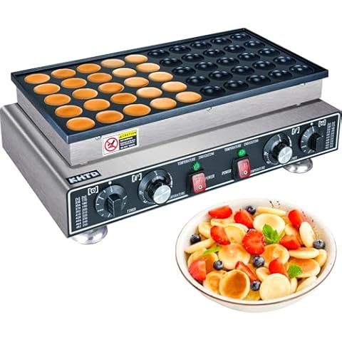 KHTD Mini Pancake Maker Machine, 50PCS Electric Nonstick Dutch Pancake Maker 110V 1600W, Commercial Muffin Maker with 2 Thermostats & 2 Timers Separate Control for Home Restaurant (12"D×21"W×7"H) Cover