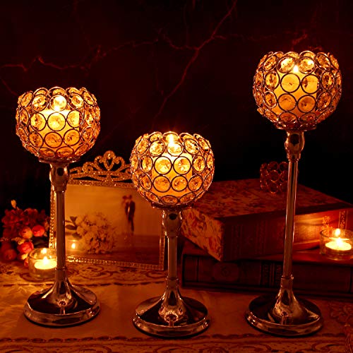 Vincidern 3 Pcs Silver Crystal Candle Holders Candelabra, Tea Light Candlestick Holder Centerpiece for Dining Table Decor Wedding Home Fireplace Candelabra Housewarming Gifts…