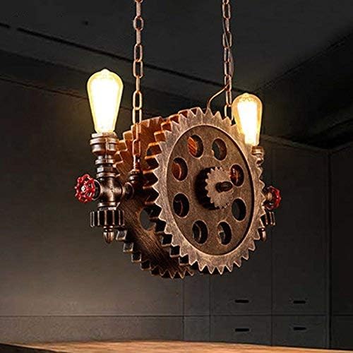 Gweat Retro Industrial Style Big Gear Wheel Chandelier for Restaurant, Bar, Cafe, Staircase, Corridor Pendant Light, Bronze Color, Wood Wheel, Metal Water Pipe, E27, 110V~240V [Energy Class A++]