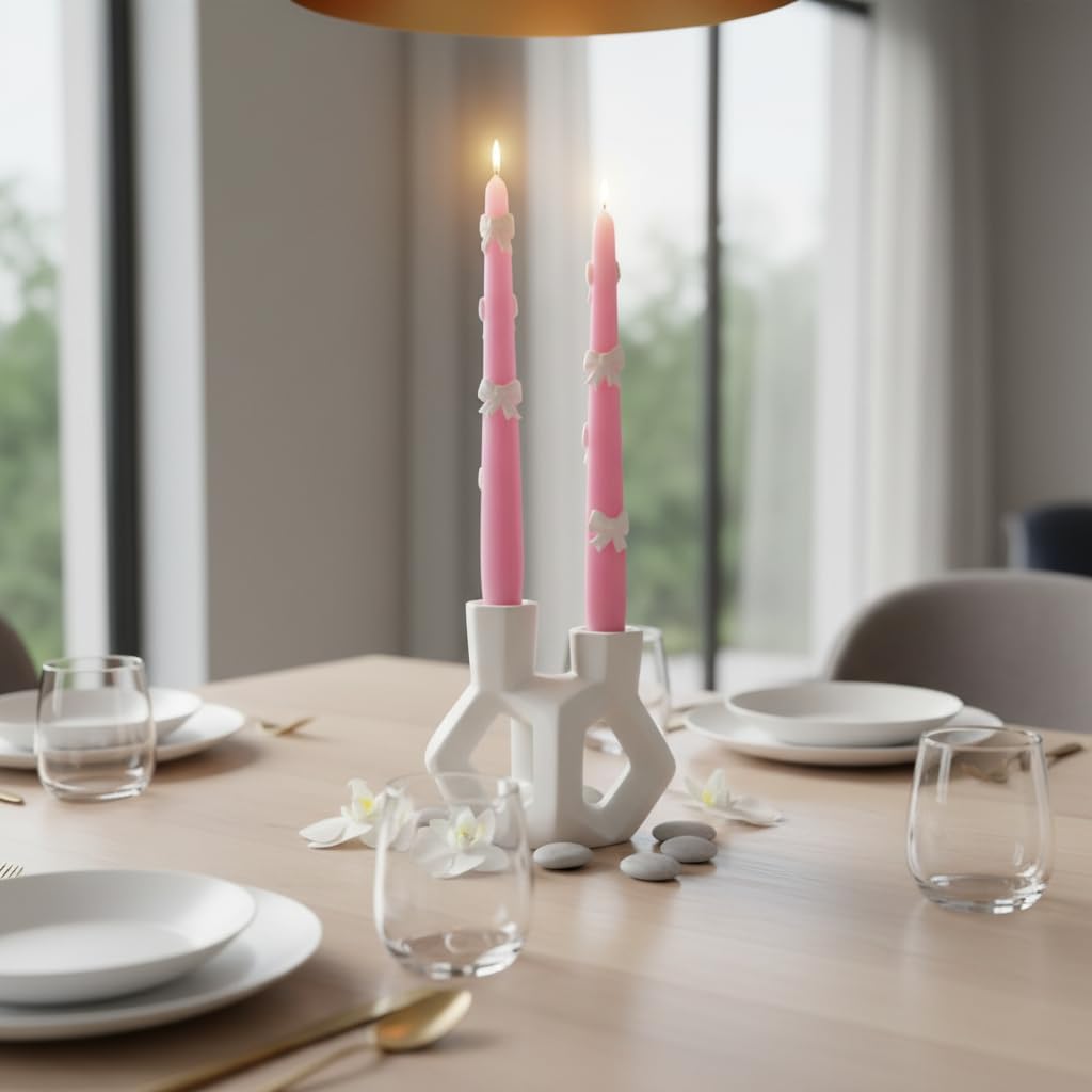Set of 2 Tapered Candles in Powder Pink with Cream Wax Flakes - Height 25 cm - Craft - Made in Italy Cereria Di Giorgio