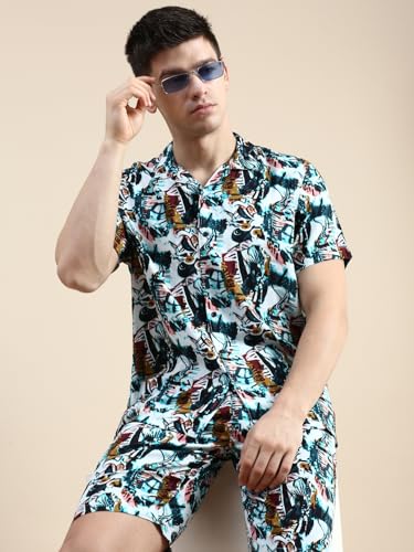 Image of SHOWOFFFF Men Printed Two-Piece Co Ords | Cuban Collar Half Sleeves Cotton Co-Ords for Mens | Mid-Rise Relaxed Fit Regular Length Co-Ord for Men's
