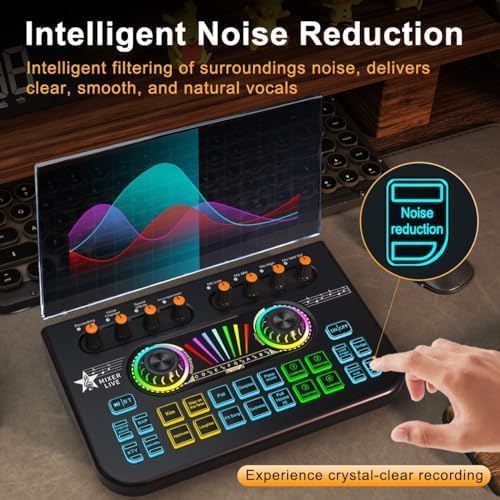 Tenlamp X3 mixer with 'Noise reduction' button highlighted and a graphic showing intelligent filtering of surrounding noise