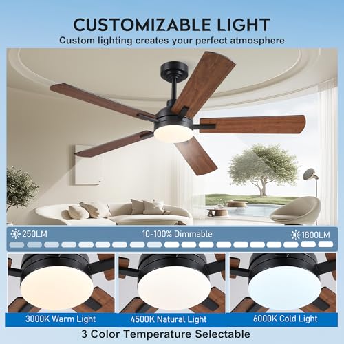Image of JSAITEE 52 Inch Smart Ceiling Fan with Lights, Remote & App Control, DC Reversible Motor, 6 Speeds Quiet 35dB, 3CCT Dimmable LED, Low Profile Modern Ceiling Fans for Bedroom Living Room, Brown