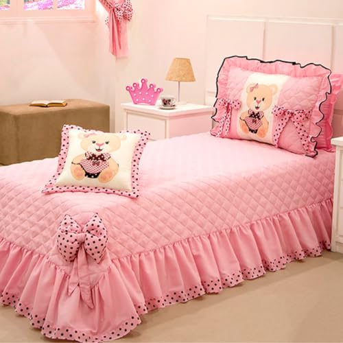 Kit Cobre Leito Colcha Cama Solteiro Infantil Ursinha Rosa 3 Peças Decoração Quarto Menina Rosa