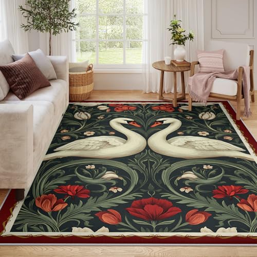 Carpette artistique fleurs et cygne élégante 60x90cm au toucher doux