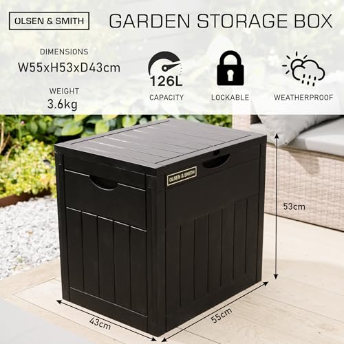 Olsen & Smith Lockable Outdoor Garden Plastic Storage Box Container Chest Lawn Balcony Furniture, Weather Resistant, Wood Panel Effect (126L) - Image 2