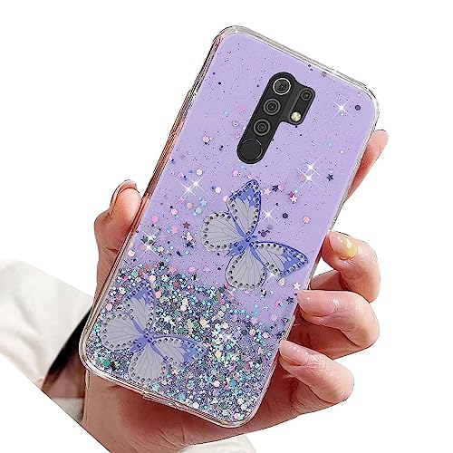 Rnrieyta Miagon - Funda con purpurina para Xiaomi Redmi 9, funda protectora de silicona suave y delgada, bonita funda transparente brillante para niñas y mujeres, 2 mariposas moradas