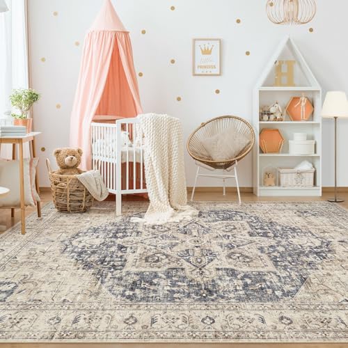 Tortania Area Rug Living Room Rugs - 12x15 Washable Boho Rug Vintage Oriental Distressed Farmhouse Large Thin Indoor Carpet for Living Room Bedroom Under Dining Table Home Office - Cream Blue