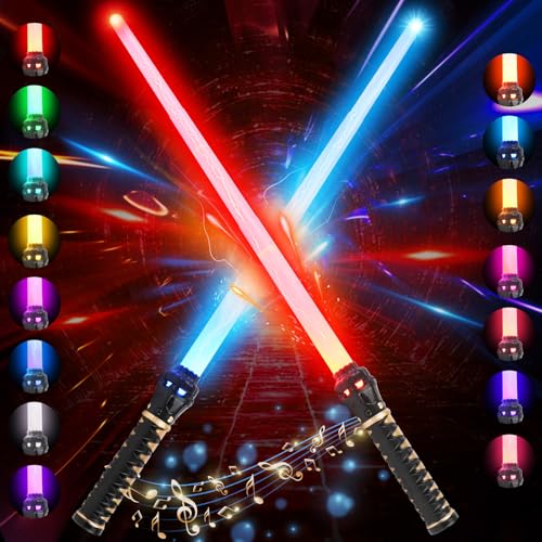 Glovios Sable de Luz, 2pcs Espada Láser 2 En 1 Telescópica y Plegable, Espada Laser 15 Colores con Sonido, para Niños, Cumpleaños Regalos Cosplay, Guerra de Las Galaxias