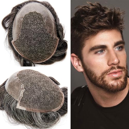 Blayzehair HD Swiss Lace Toupee for Men Hairpiece European Humanhair Replacement System Lace Front Men Toupee BleachedKnot Hairpiece (330# Dark Brown with 30% Grey, 8x10-100% Light Med-Light Density)