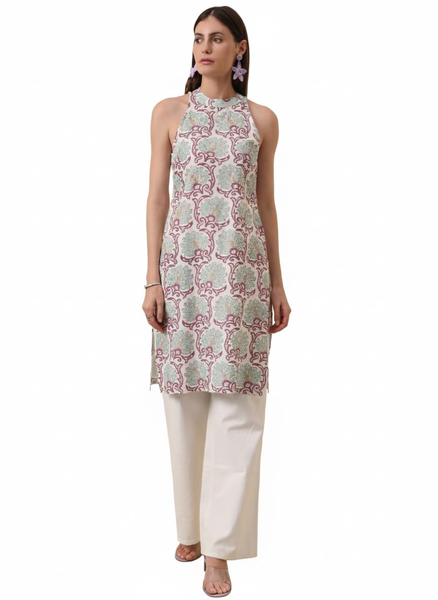 amazon brand - tavasya Women Floral Printed Regular Fit Kurta | Halter Neck | Sleeveless | Knee Length | Ethnic Wear | 100% Cotton-picture-11