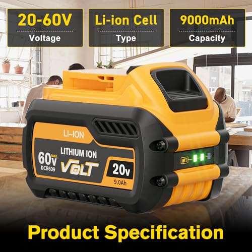 Image of 2Pack 9.0Ah DCB609 Replacement for Dewalt 20V 60V Flexvolt Max Battery Compatible with Dewalt 20 /60Volt Lithium-ion Battery DCB609 DCB606 DCB612 DCB200 DCB206 DCB207 DCB204 Cordless Power Tools