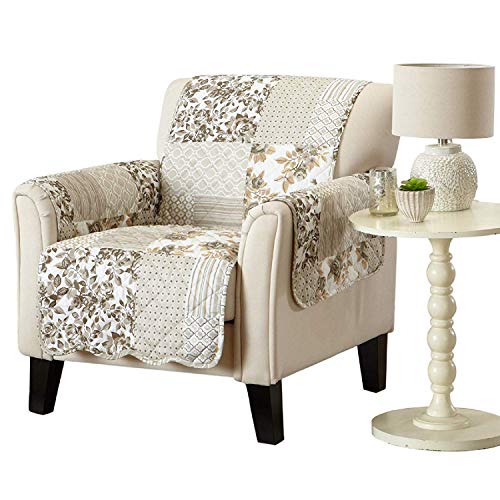 Image of Great Bay Home Reversible Patchwork Chair Cover - Washable Slipcover Furniture Protector with Elastic Straps - Perfect for Kids & Pets - Box-Stitched Detail (Taupe)