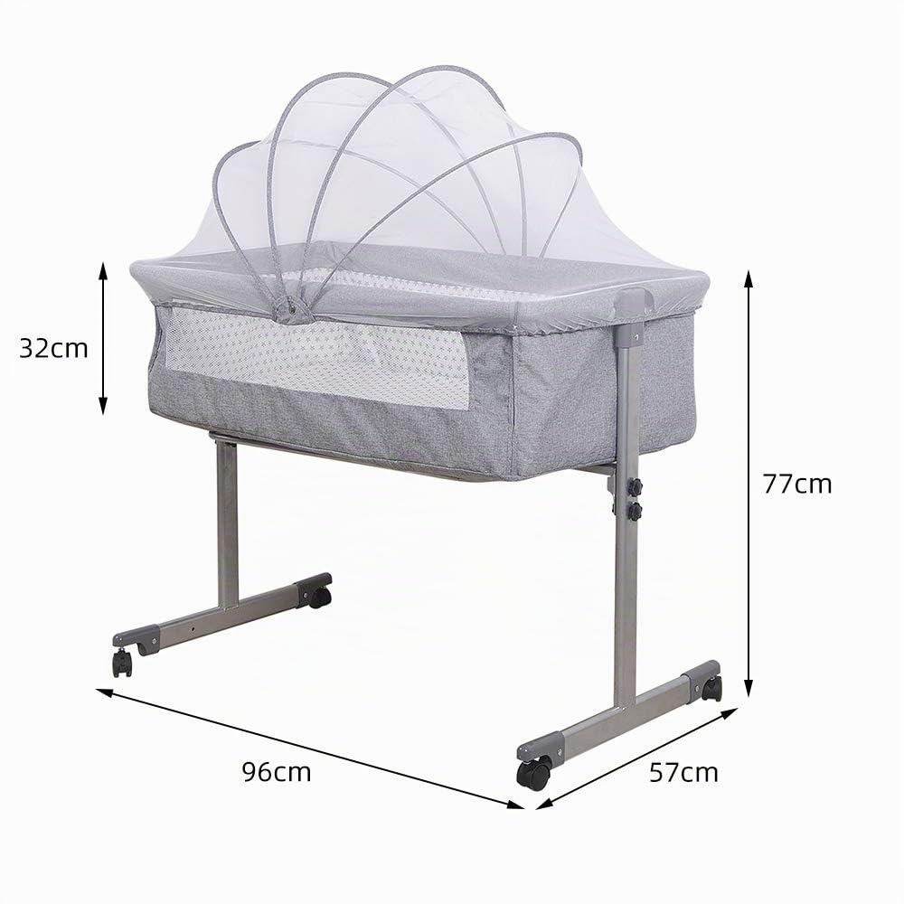 Cannoli Cododo Culla per Neonati, Altezza Regolabile, Letto Cododo per Neonati con Materasso Soffice e Zanzariera 4 Ruote, per Bambini da 1 a 36 Mesi (96 x 57 x 77 cm (Grigio)