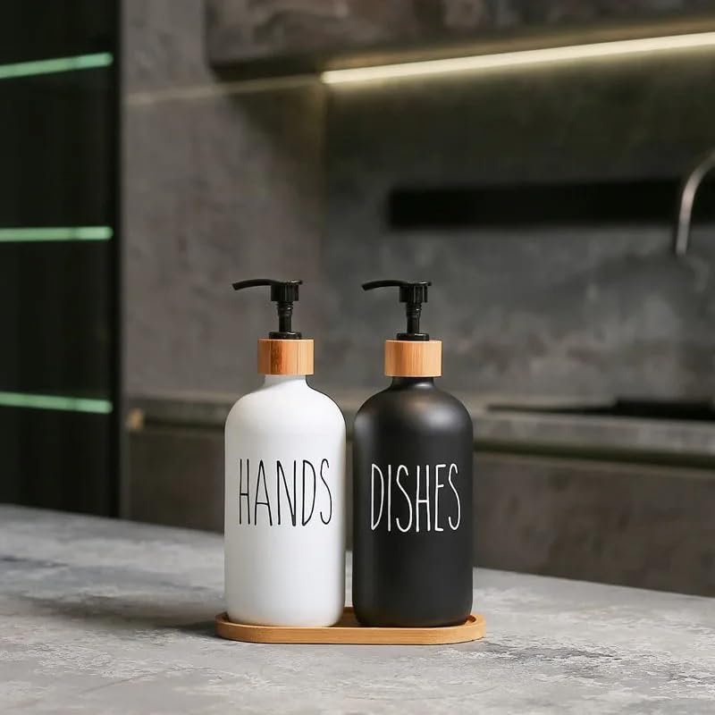 Dreamhigh® 2 Pezzi Dispenser Sapone Bagno, 500ml Dispenser Sapone Vetro con Pompa di Bambù, Dispenser Sapone Cucina- Nero