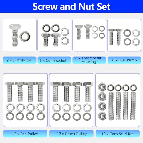 Image of Hex Bolt Kit for Ford 260 289 302 Carbureted Engine 1985 & Older | 228 Pcs Nuts & Bolts, 304 Stainless Steel, fits 260 289 302 Engines with a Passenger side water pump (Lower Radiator Hose)