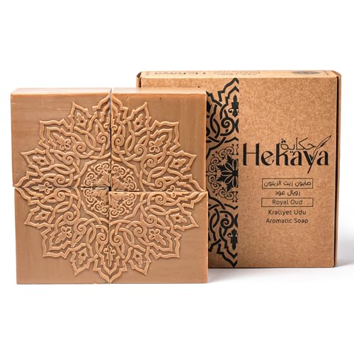 Hekaya Aleppo Soap Bar Royal Oud Scented Pack of 4 Handmade Olive Oil Soap Bar Gentle Cleanser for Face Body & Hair Natural Moisturizing 17.6oz Total