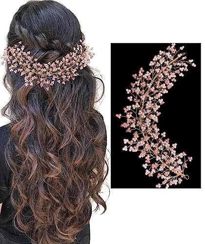 Image of Samyak Crystal Pearl Hair Vine Tiara Headband Headdress Hair Jewellery /Hair pin /Bun Clip For Bridal Wedding Functions Bridesmaid (Baby Pink)